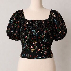 Ambiance Floral Puff Sleeve Crop Top Black 1X Square Neck Tie Back 1XL